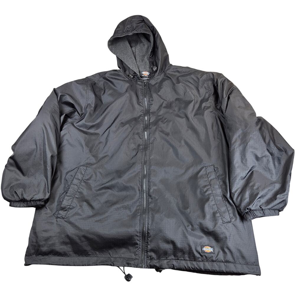 Dickies Fleece Lined Hooded Nylon Jacket Black Full Zip Ripstop Men's 2XL - Picture 1 of 16